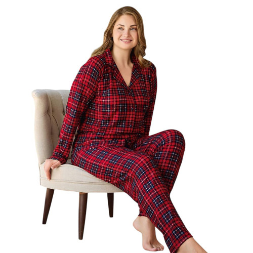 Жіноча піжама червона клітка Французький велюр 3XL-4XL-5XL Pijamoni Туреччина арт.5655-13
